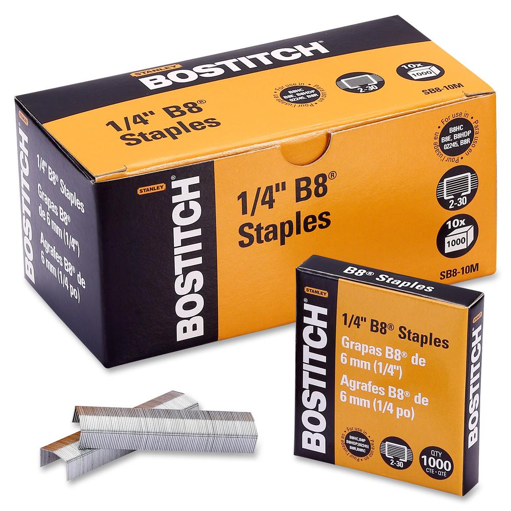 Bostitch PowerCrown Premium Staples - 210 Per Strip - 1/4" Leg - 1/2" Crown - Chisel Point - Silver - High Carbon Steel - 2.5" Height x 0.5" Width0.3" Length - 10000 / Box