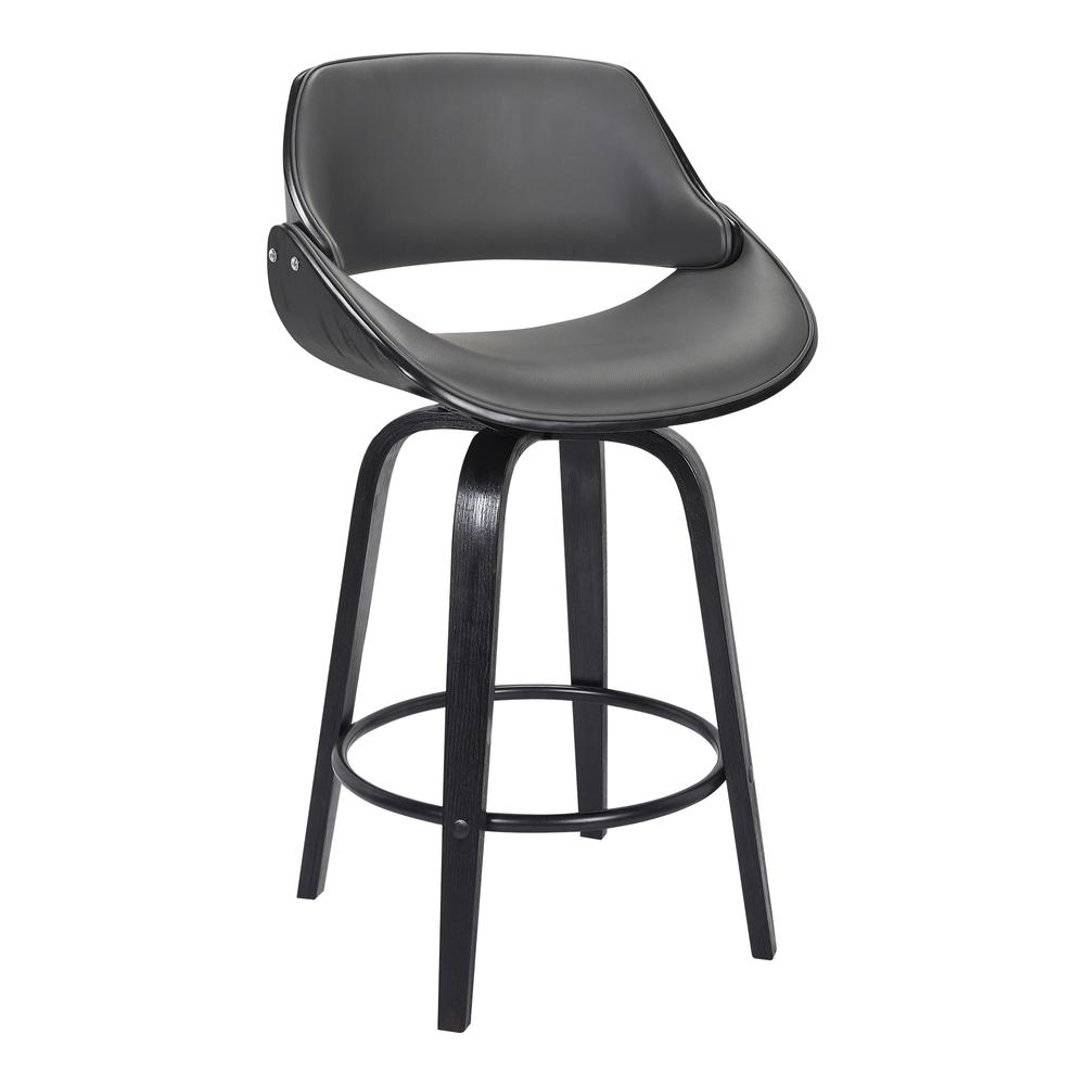 Mona Contemporary 26 Counter Height Swivel Barstool in Black Brush Wood Finish and Grey Faux Leather
