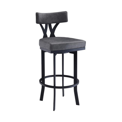 Natalie Contemporary 30 Bar Height Barstool in Black Powder Coated Finish and Vintage Grey Faux Leather