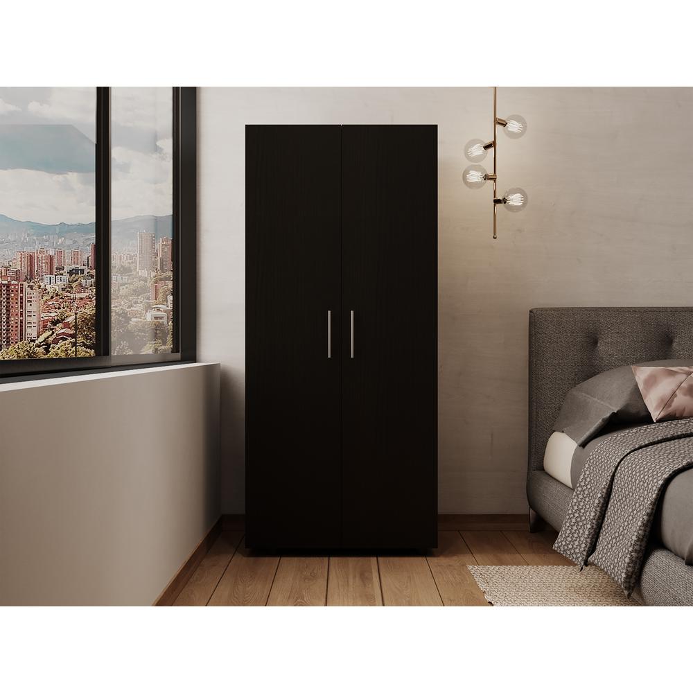 Heura 2-Doors Armoire 70,8inch H with Four Interior Shelves, Hanging Rod-Black Black Wengue