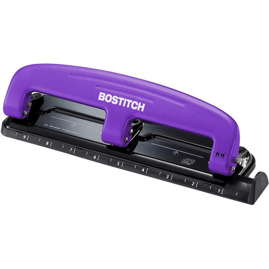 Bostitch EZ Squeeze&trade; 12 Three-Hole Punch - 3 Punch Head(s) - 12 Sheet - 9/32" Punch Size - 3" x 1.6" - Purple, Black